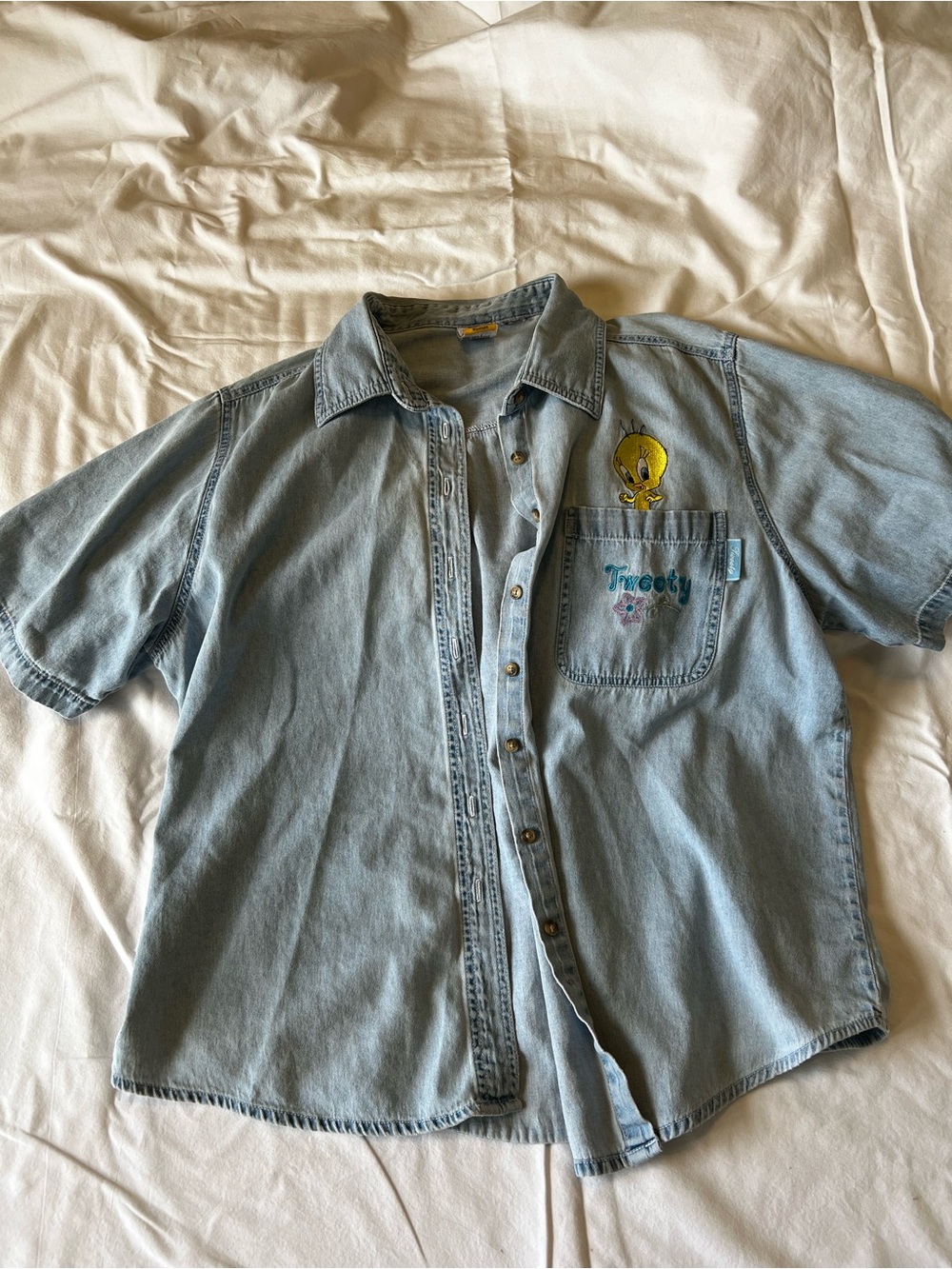 Tweety Denim Short-Sleeve Shirt - Light Blue